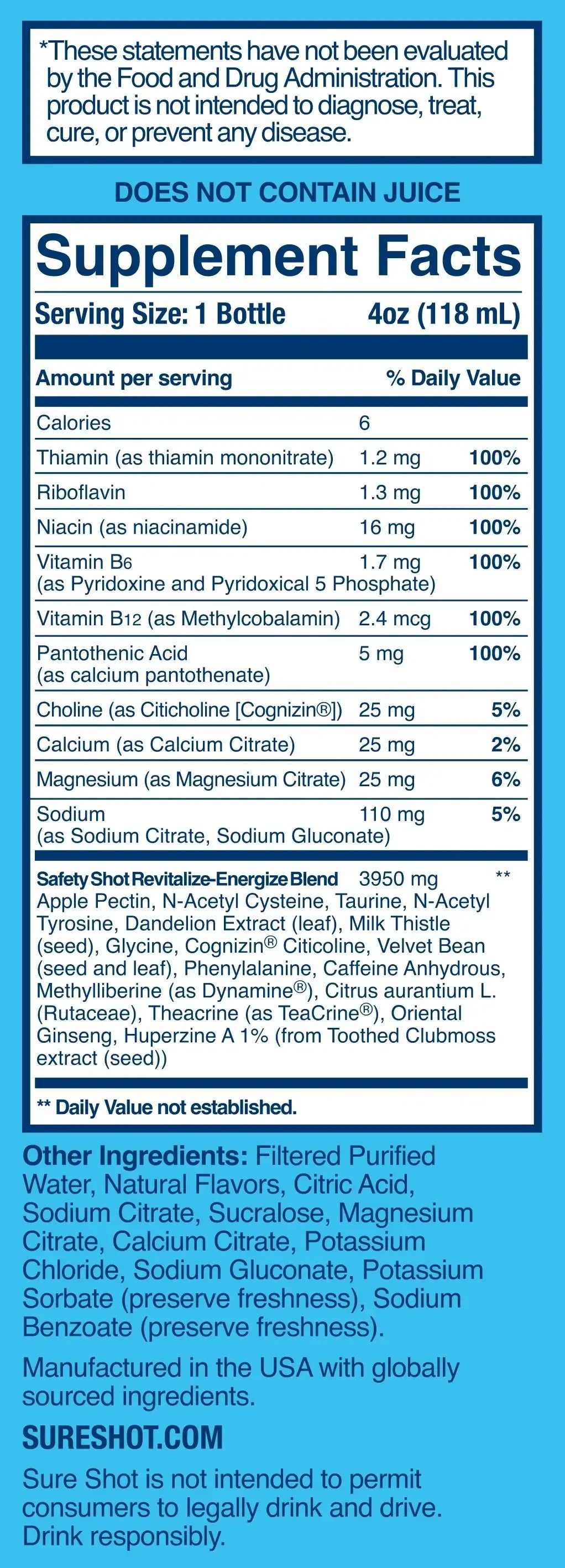The Sure Shot 4oz juice shot by Vegas Party Favors features a supplement facts label detailing nutrition, ingredients, and consumption instructions. It contains vitamins, minerals, elderberry, ginseng extracts, and an FDA disclaimer. It may help reduce alcohol quickly.