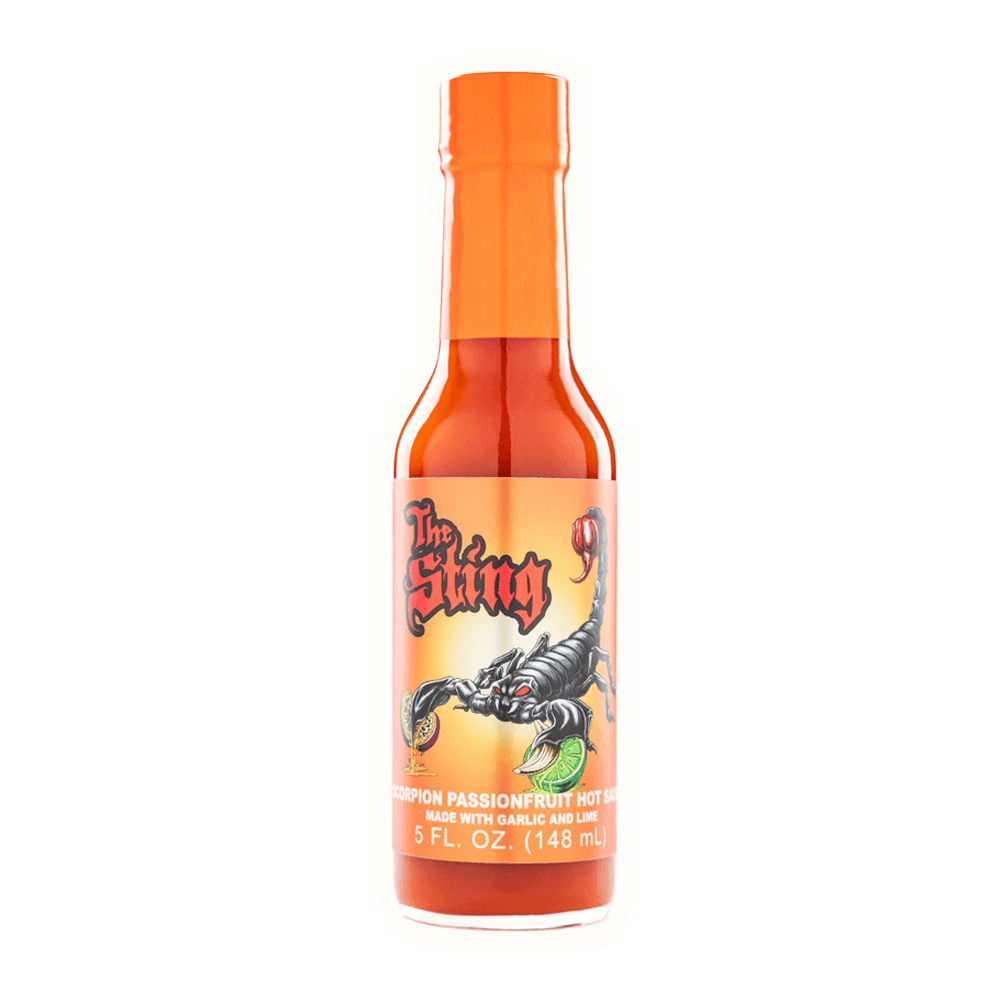 Fred's Hot Sauce 5oz The Sting bottle featuring scorpion pepper and passionfruit, with garlic and lime flavors.