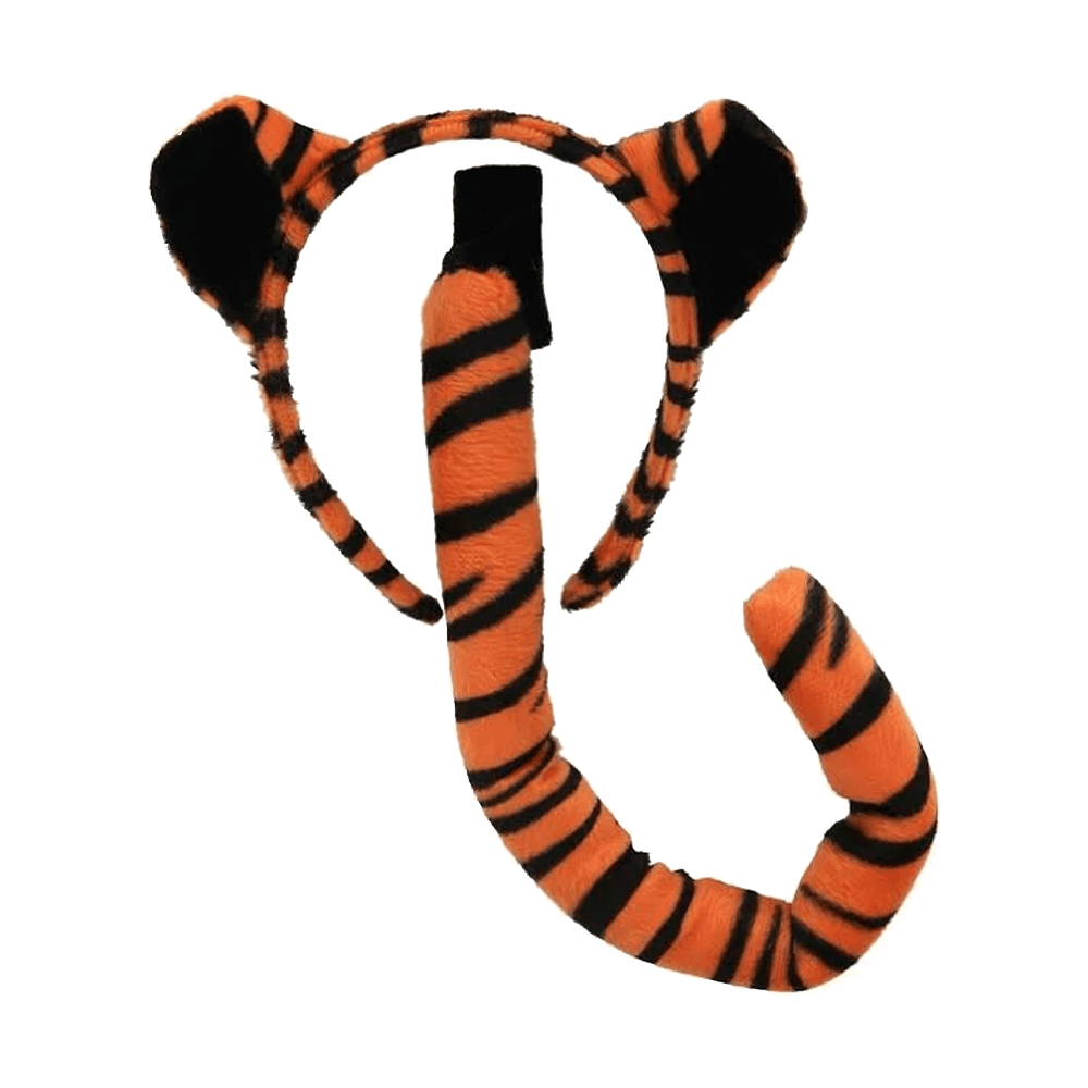 The Tiger Costume Accessory Kit by Vegas Party Favors includes an orange and black cat ear headband and a matching tiger-striped tail, perfect for completing your costume.