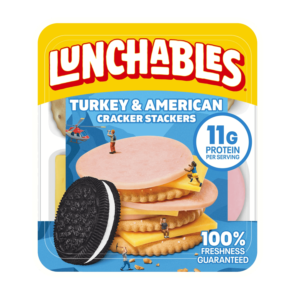 Lunchables Turkey & American Cracker Stackers snack tray with cookies, 11g protein, perfect for kids' lunches