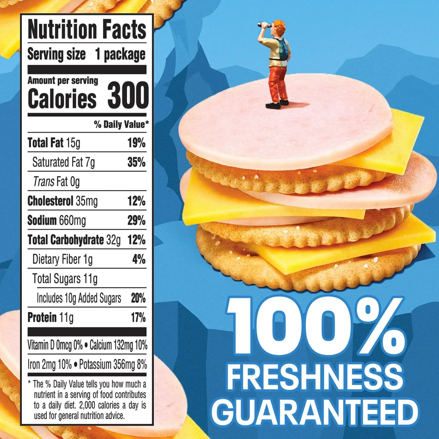Lunchables Turkey & Cheese Cracker Stackers nutritional info with freshness guarantee and serving details.