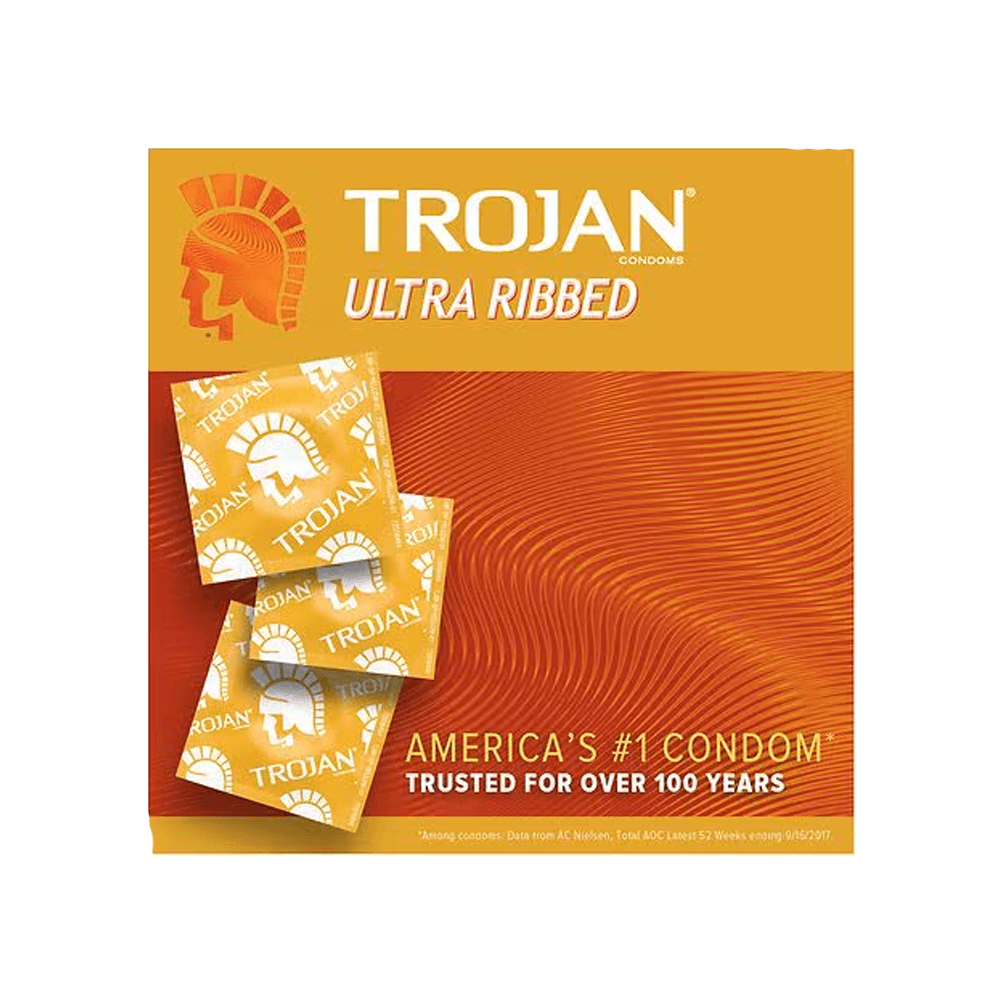 The orange box of Trojan Ultra Ribbed Stimulations Spermicidal Condoms (5 Pack) from Vegas Party Favors boldly claims Americas #1 Condom, Trusted for Over 100 Years, offering enhanced pleasure as part of the Trojan Stimulations line.