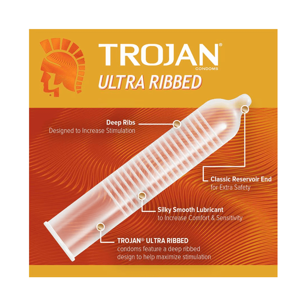 An image of a Vegas Party Favors Trojan Ultra Ribbed Stimulations condom package showing its deep ribs for stimulation, reservoir end for safety, and silky smooth lubricant. The orange packaging features the Trojan logo at the top; comes in a 5-pack with spermicidal lubrication.