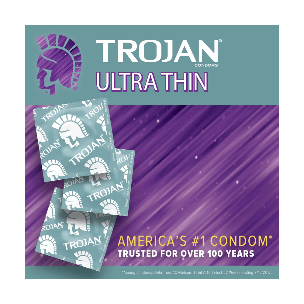 Packaging for Trojan Ultra Thin Lubricated Latex Condoms by Vegas Party Favors includes five condoms in a purple and silver design with the Trojan logo. Text states: Americas #1 Condom, Trusted For Over 100 Years. Enjoy a natural sensation with our premium lubricant.