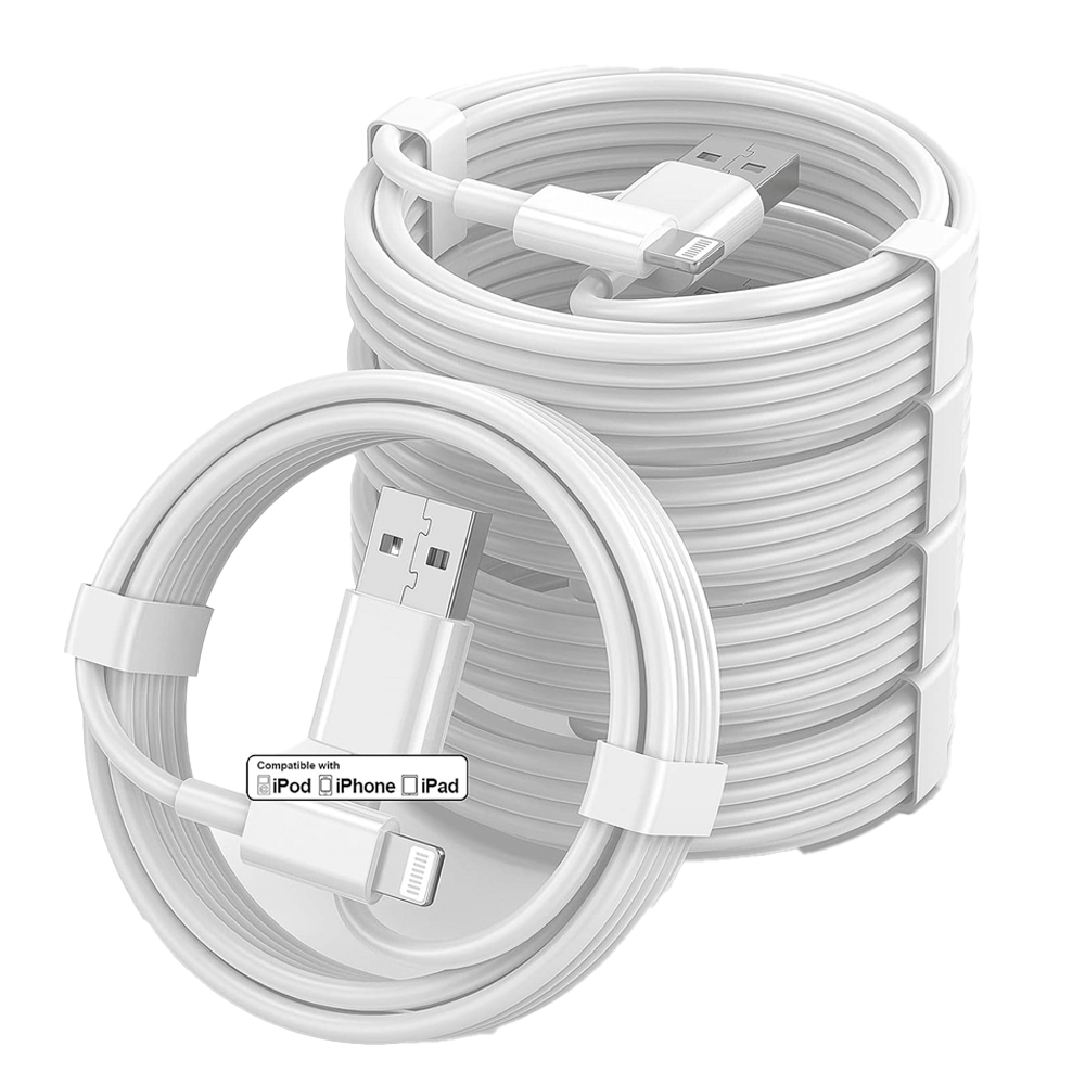 The Vegas Party Favors Apple MFi Certified 3ft USB to Lightning cable, in white, is designed for fast charging and compatible with various iPhone models and iPads. Its ultra-durable, comes neatly bundled with plastic clips, and is displayed against a white background.