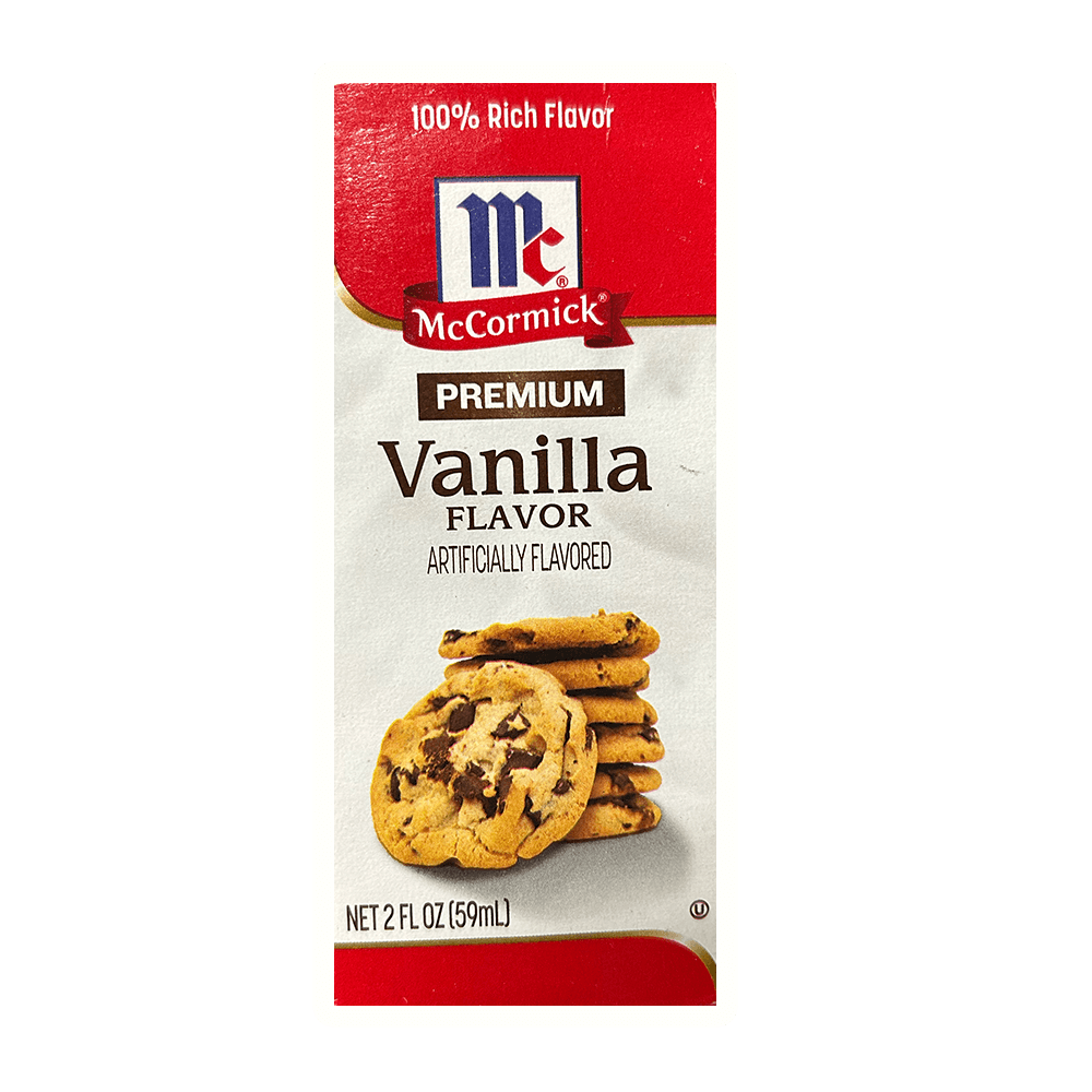 McCormick Kosher Premium Vanilla Flavor box with chocolate chip cookies, 2 fl oz for baking desserts and treats.