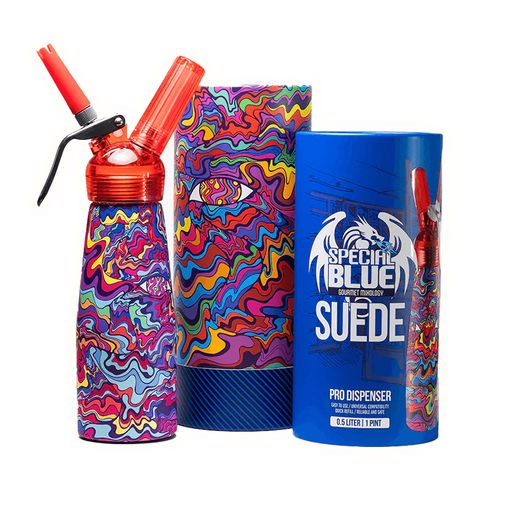 Colorful Volcano Suede Pro Whipped Cream Dispenser with vibrant design and stylish packaging