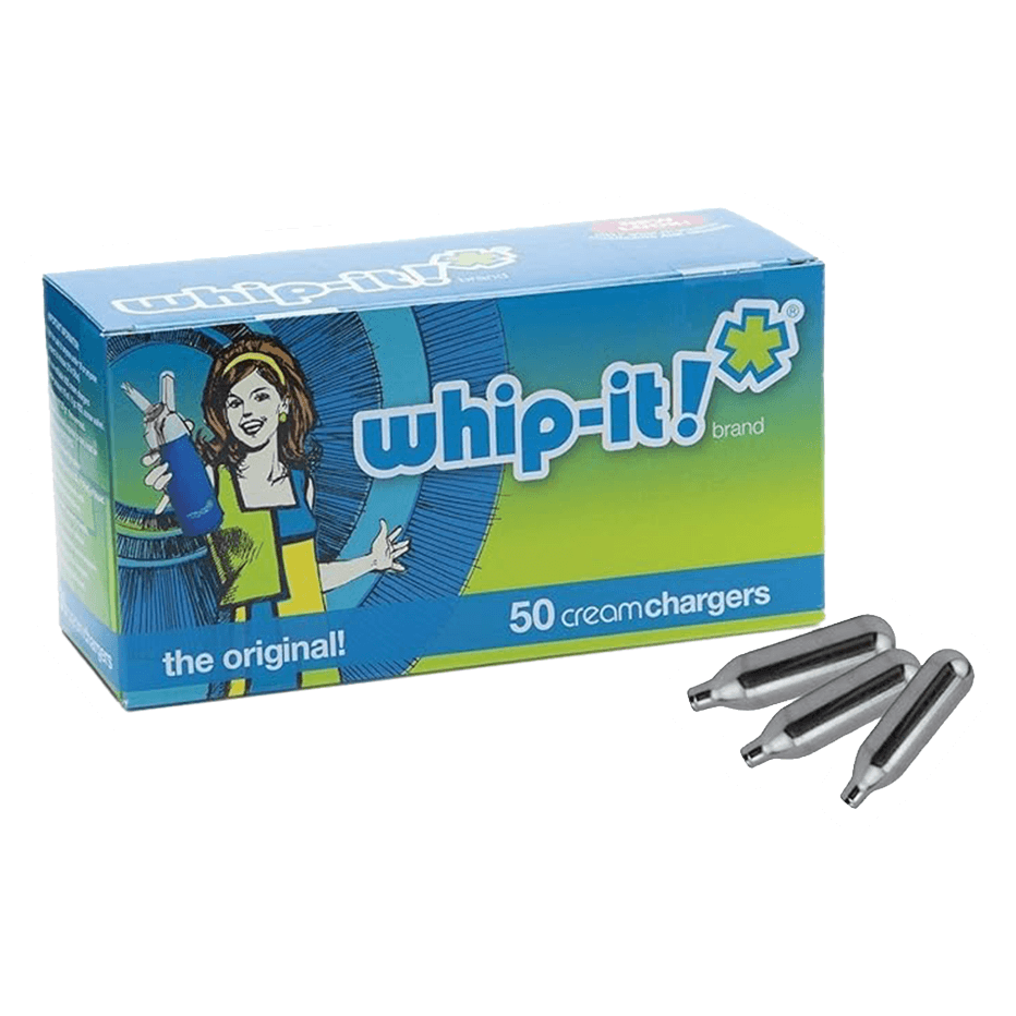 Box of Vegas Party Favors Whip-it! 50 Pack Whipped Cream Chargers featuring a colorful illustration of a woman on recyclable steel packaging, includes 50 chargers. Three individual whipped cream dispensers are depicted next to the box.