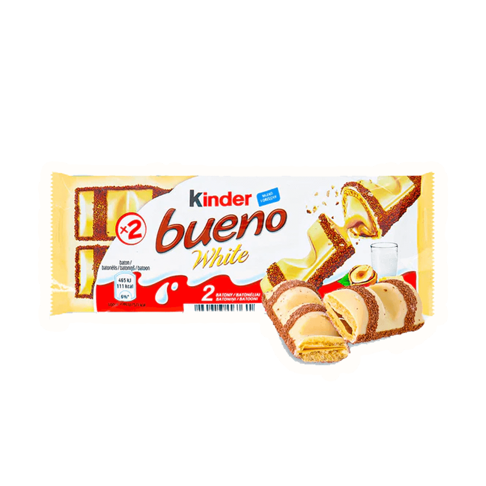 Kinder Bueno White Chocolate Bar packaging featuring two crunchy bars and creamy filling, perfect for indulgent snacking.