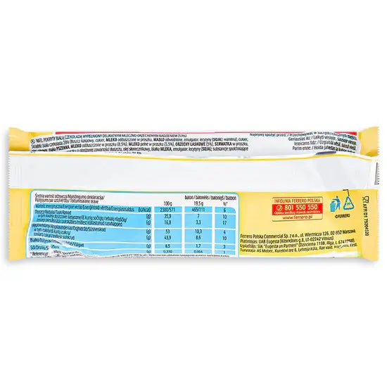 Nutrition facts and ingredients of Kinder Bueno White Chocolate Bar, showcasing its delicious flavor profile.