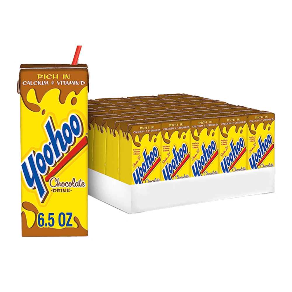 A display of Yoo-hoo Chocolate Drink boxes from Vegas Party Favors, featuring the iconic yellow packaging with Yoo-hoo and Rich in Calcium & Vitamin D. Known as a snack time favorite, one box stands upright, showcasing its 6.5 fl oz size.