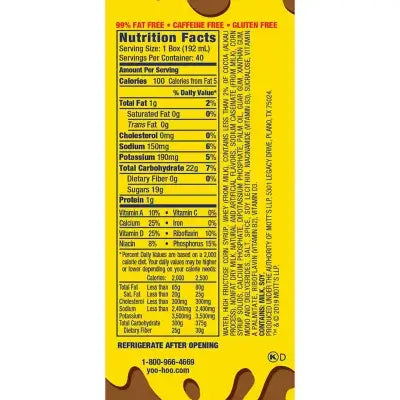 The yellow nutrition label for Vegas Party Favors Yoo-hoo Chocolate Drink (6.5 fl oz) details serving size, calories, total fat, sodium, carbs, sugars, protein, vitamins, and minerals. Highlights include 99% fat free, caffeine free, and gluten free. A snack time favorite!.
