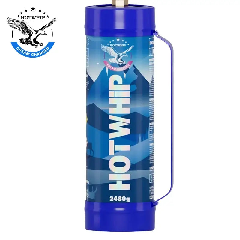 A blue Whipped Cream Charger 4.0L Food Grade Tank by Vegas Party Favors, with a mountain design and 2480g label weight, features an eagle logo for safety certification. Ideal for homemade Nitrous Oxide whipped cream fans.