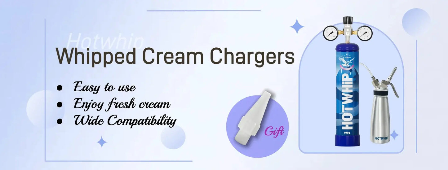 Ad for Vegas Party Favors Whipped Cream Charger 1.1L featuring a nitrous oxide charger, a silver dispenser, and free nozzle tip gift. Easily enjoy fresh cream; compatible with most dispensers. Light backdrop with blue circles adds flair to this versatile tools presentation.