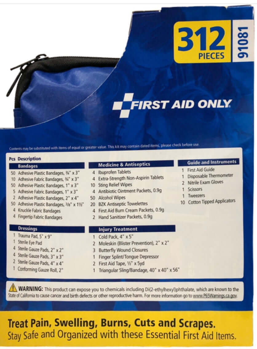 The image shows the back of the Vegas Party Favors First Aid Only, Home & Go First Aid Kit package with 313 pieces. It highlights clear-pocket organization for easy access to items like adhesive bandages, aspirin for pain relief, antiseptics, and a cold pack, featuring warnings at the bottom.