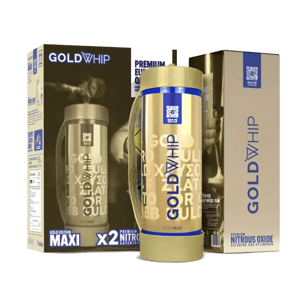 The image features a Gold Whip N2O Maxi Cream Charger - 2000g by Vegas Party Favors, prominently shown with its handle and two Gold Edition Maxi X2 boxes. This food-grade nitrous oxide canister is a vital tool for culinary enthusiasts.