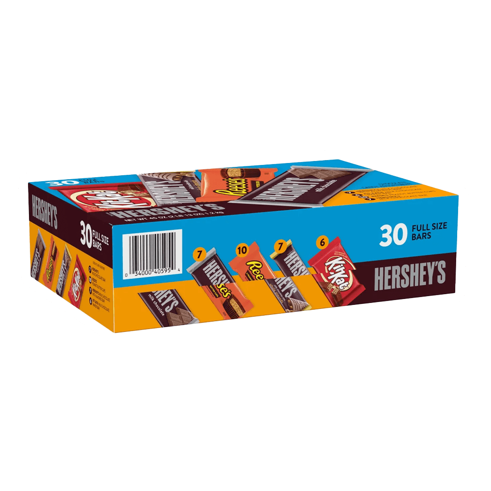 The Hersheys Variety Pack, 30-count by Vegas Party Favors, features images of Reeses Peanut Butter Cups, Kit Kat Wafer Bars, and Hersheys Milk Chocolate with vibrant blue, orange, and brown packaging.