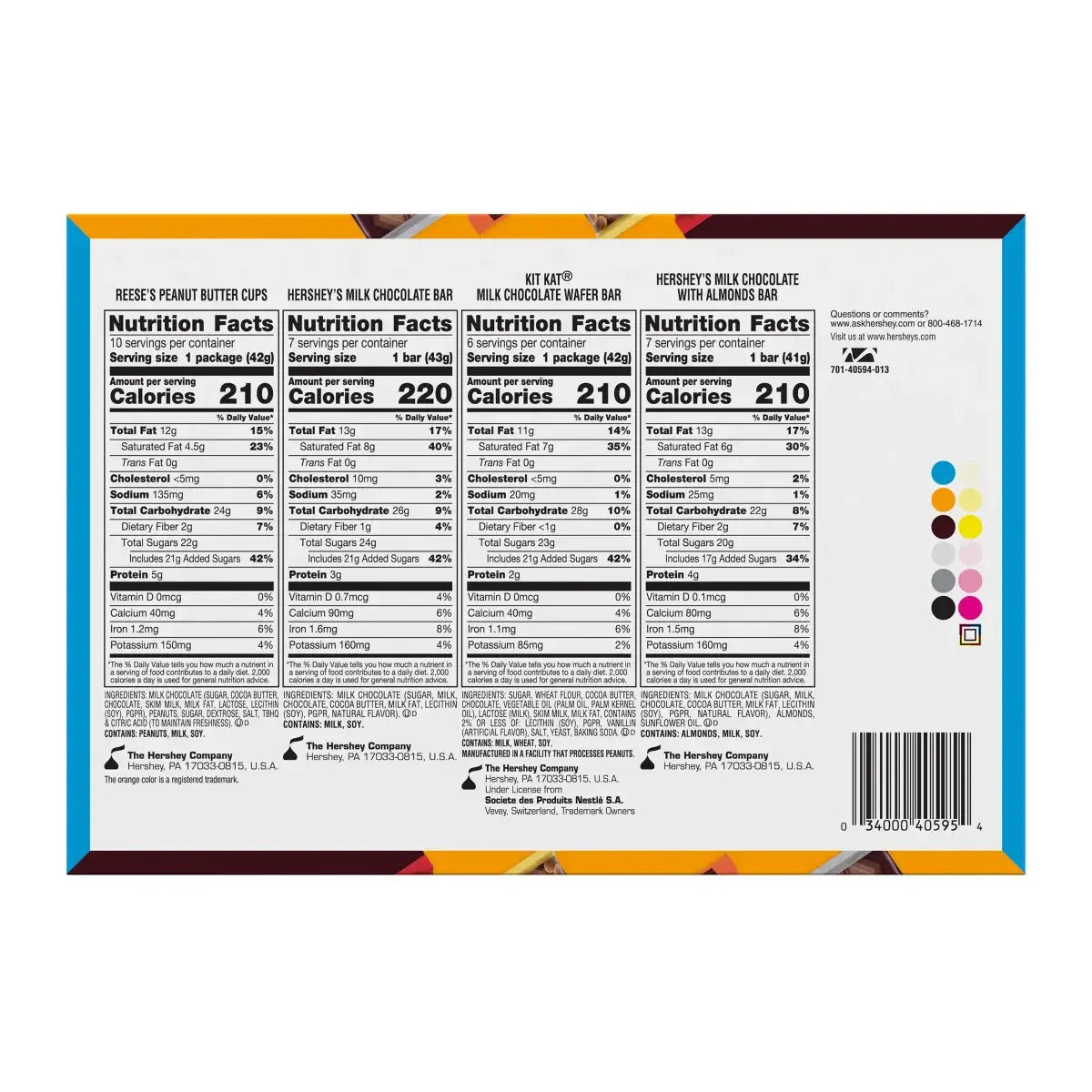 The back of the Hersheys Variety Pack, 30-count by Vegas Party Favors, displays nutritional facts for Reeses Peanut Butter Cups, Kit Kat Wafer Bars, and Hersheys Milk Chocolate. Each section provides calories and other details to help you enjoy your favorite treats mindfully.