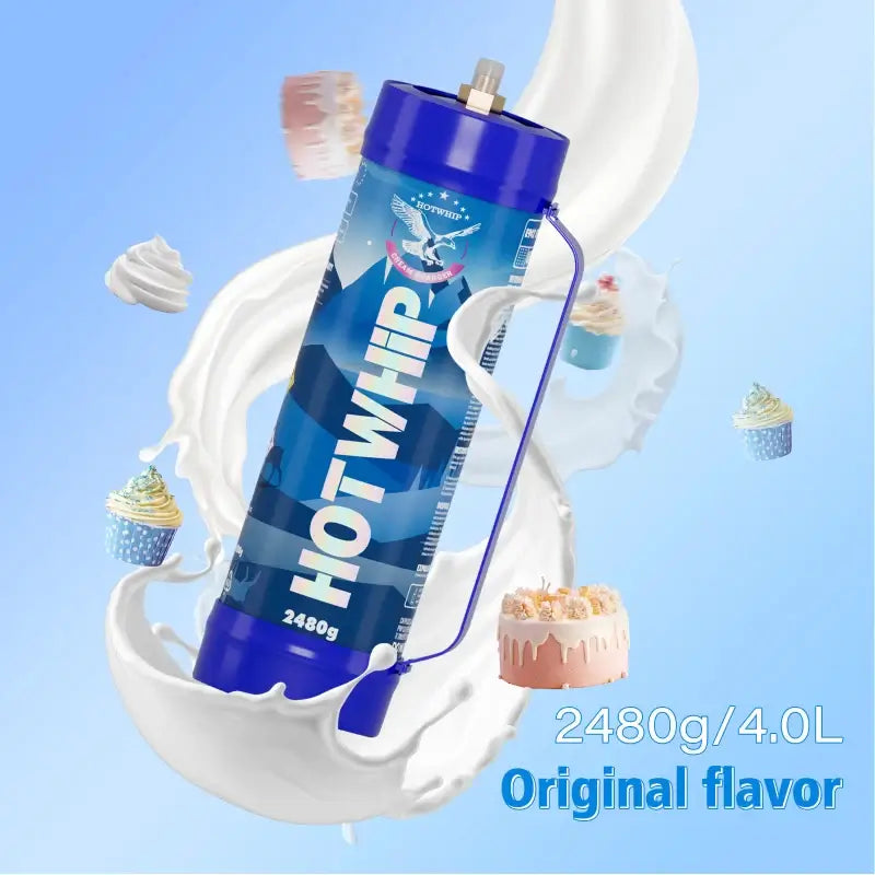 A blue Vegas Party Favors canister, certified safe and labeled 2480g/4.0L, surrounded by cream splashes, cupcakes, and whipped cream, features the Whipped Cream Charger 4.0L Food Grade Tanks in original flavor with Nitrous Oxide.