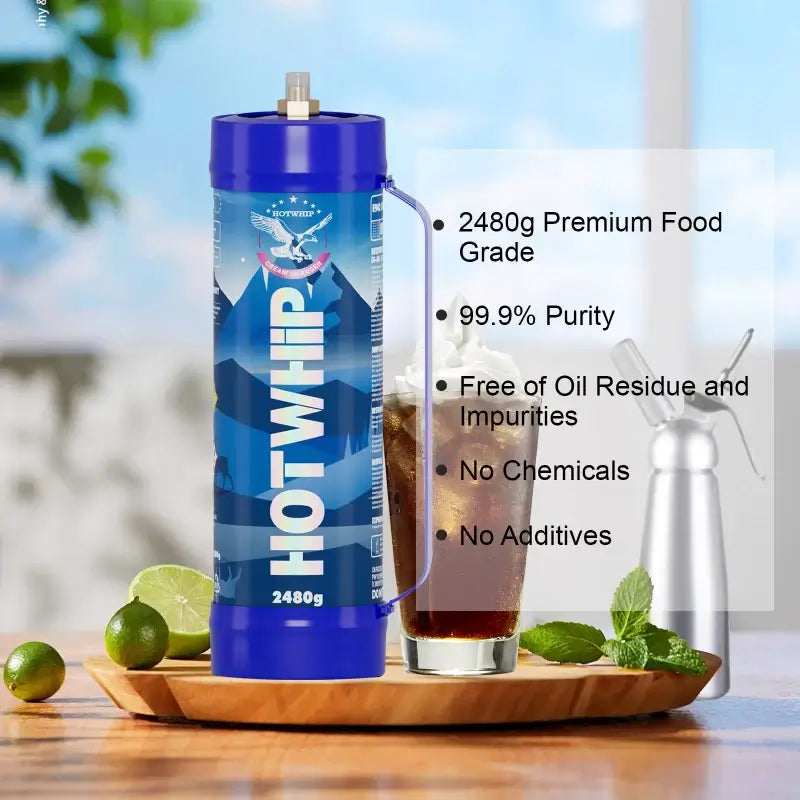 A blue Whipped Cream Charger 4.0L Food Grade Tanks -Original Flavor canister from Vegas Party Favors is on a wooden tray with a soda glass. It provides 2480g of premium, 99.9% pure Nitrous Oxide, free from oil residue and chemicals, ideal for homemade whipped cream.