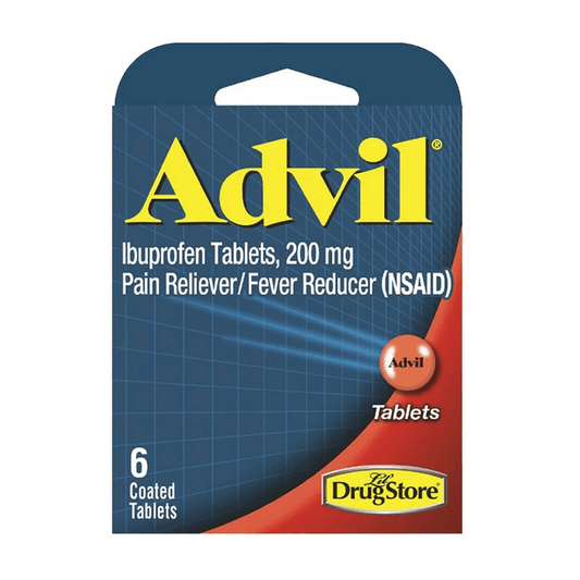 The image displays a box of Advil Pain Reliever and Fever Reducer by Vegas Party Favors, containing six coated tablets with 200mg of ibuprofen each. The product, sold at Drug Store, features distinctive blue and red packaging with yellow text, offering effective relief as an NSAID.