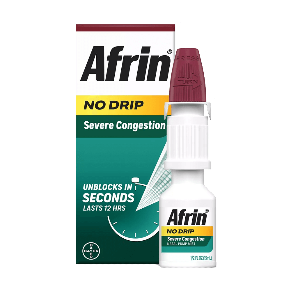 The Afrin No Drip Severe Congestion Maximum Strength Nasal Spray by Vegas Party Favors features a no-drip formula for severe sinus congestion relief, offering rapid unblocking in seconds and lasting 12-hour relief. The red-capped bottle is prominently displayed in front of the box.