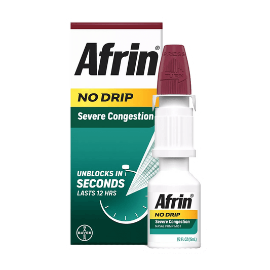 The Afrin No Drip Severe Congestion Maximum Strength Nasal Spray by Vegas Party Favors features a no-drip formula for severe sinus congestion relief, offering rapid unblocking in seconds and lasting 12-hour relief. The red-capped bottle is prominently displayed in front of the box.