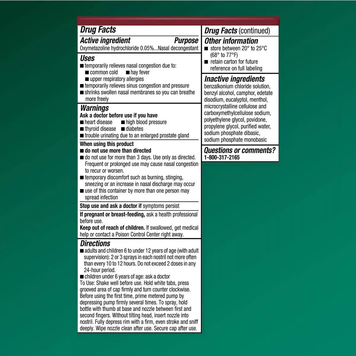 The product label with bold Drug Facts features Afrin No Drip Severe Congestion Maximum Strength Nasal Spray by Vegas Party Favors, listing Oxymetazoline hydrochloride 0.05% as a nasal decongestant for sinus relief. It includes uses, warnings, directions, storage info, and a customer service number.