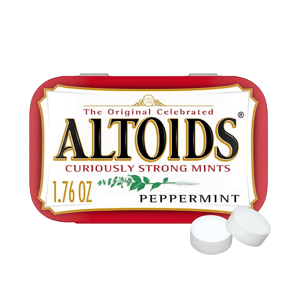 A tin of Altoids Peppermint Single Can by Vegas Party Favors features a classic red and white design with Curiously Strong Mints and 1.76 oz. printed on it. Two round mints beside the tin promise fresh breath anytime.