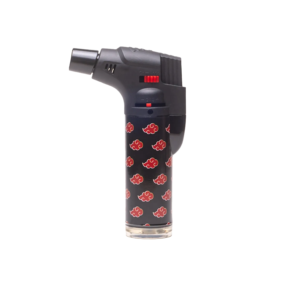 The black and red Special Blue Bernie Anime Lighter by Vegas Party Favors features a decorative red cloud pattern, compact design, angled nozzle, reliable flame, and a vibrant red switch set against a white background.