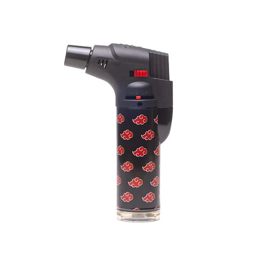 The black and red Special Blue Bernie Anime Lighter by Vegas Party Favors features a decorative red cloud pattern, compact design, angled nozzle, reliable flame, and a vibrant red switch set against a white background.