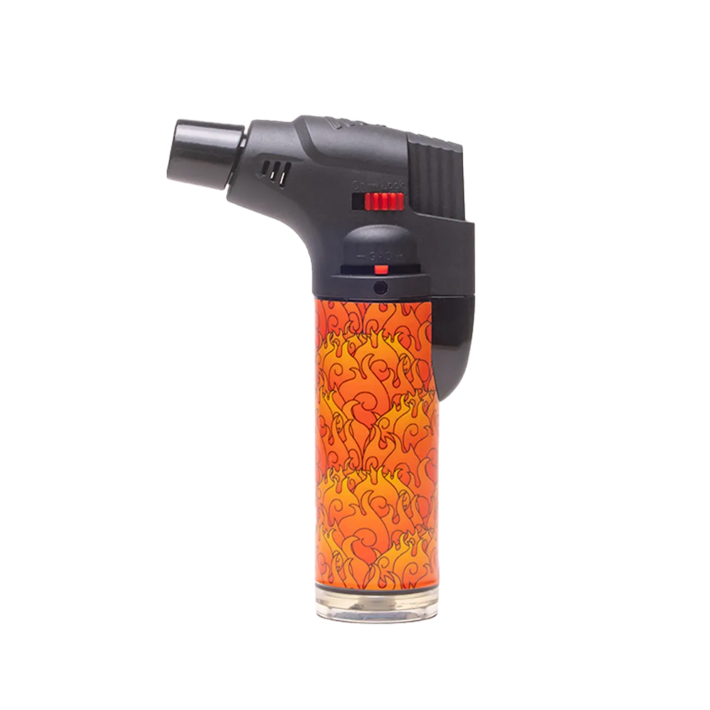 The Special Blue Bernie Anime Lighter by Vegas Party Favors is a compact portable lighter with a black top, red ignition button, and an orange-red flame pattern inspired by anime art. It stands upright on a white background, ensuring reliable performance every time.