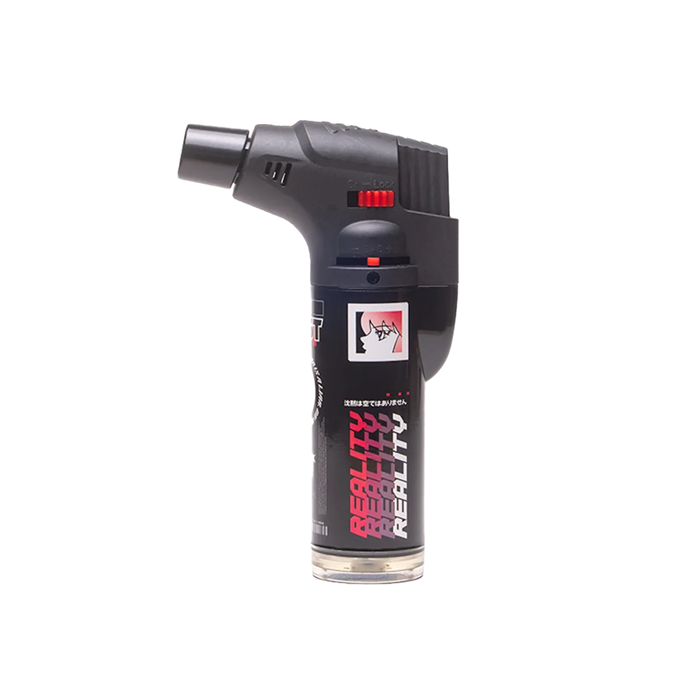 The Special Blue Bernie Anime Lighter by Vegas Party Favors is a compact portable torch, featuring a nozzle and trigger switch, Reality logo, and anime-style bull graphic. With its black and red design, the transparent bottom shows fuel levels for a reliable flame each time.