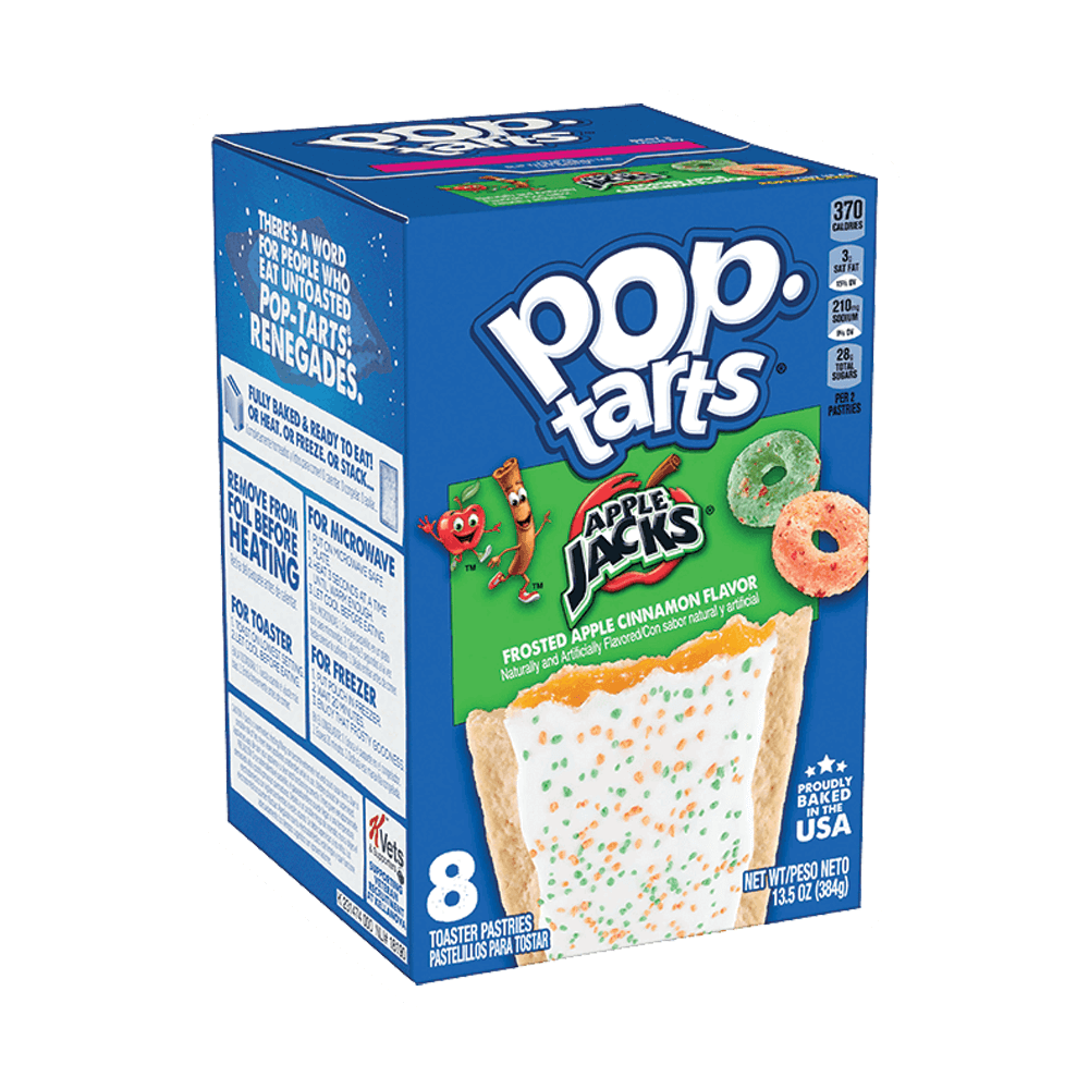 Box of Pop-Tarts from Vegas Party Favors featuring Frosted Apple Jacks Apple Cinnamon flavor, showcasing a pastry with white frosting and colorful sprinkles next to Apple Jacks cereal. Includes 8 pastries.