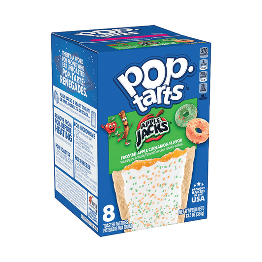 Box of Pop-Tarts from Vegas Party Favors featuring Frosted Apple Jacks Apple Cinnamon flavor, showcasing a pastry with white frosting and colorful sprinkles next to Apple Jacks cereal. Includes 8 pastries.