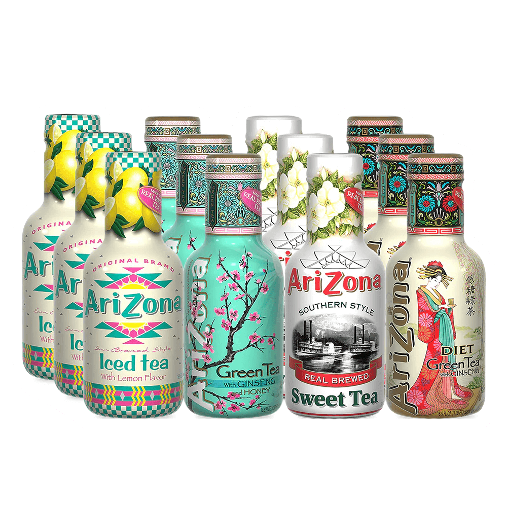 The Arizona Iced Tea 12 Pack from Vegas Party Favors features exotic flavors like Iced Tea with Lemon, Green Tea with Ginseng and Honey, Southern Style Sweet Tea, and Diet Green Tea in vibrant bottles that offer a refreshing taste and potential health benefits.