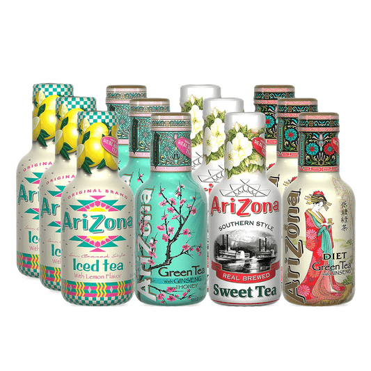 The Arizona Iced Tea 12 Pack from Vegas Party Favors features exotic flavors like Iced Tea with Lemon, Green Tea with Ginseng and Honey, Southern Style Sweet Tea, and Diet Green Tea in vibrant bottles that offer a refreshing taste and potential health benefits.