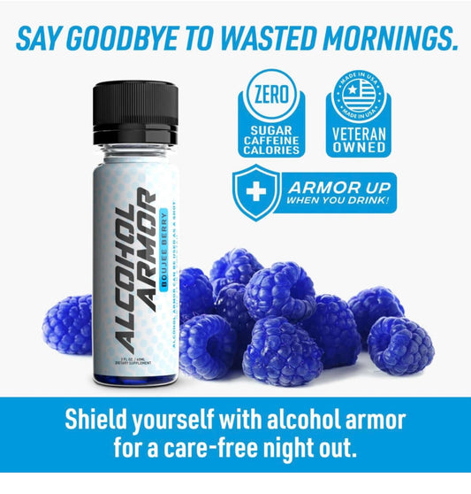 A bottle of Alcohol Armor 1 Shot by Vegas Party Favors in double berry flavor is surrounded by blueberries and raspberries. The text reads, Say goodbye to wasted mornings and Shield yourself with alcohol armor, infused with botanicals, for a care-free night out.