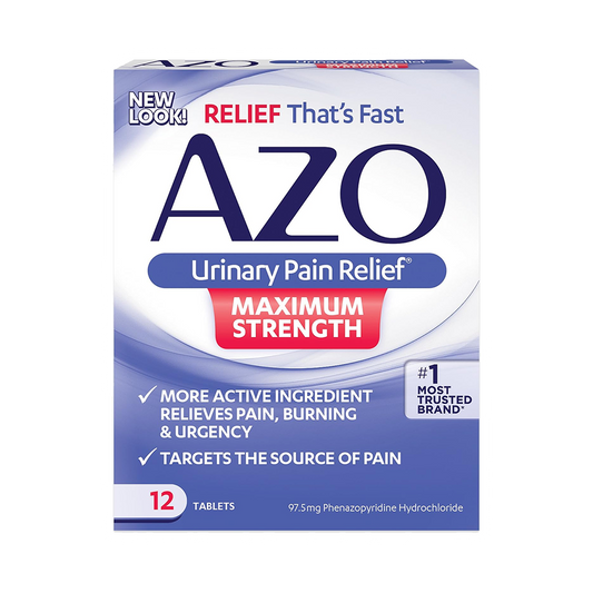 Box of Azo Urinary Pain Relief Max Strength by Vegas Party Favors offers fast urinary pain relief with 97.5mg Phenazopyridine Hydrochloride. Contains 12 tablets, features a new look, and is the #1 trusted brand for pain relief.