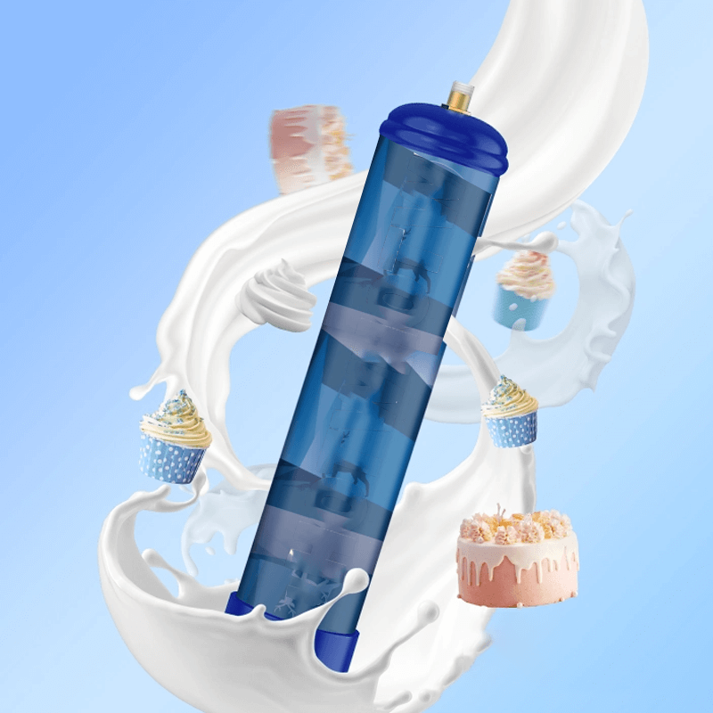 A Whipped Cream Charger 1.1L Food Grade Tank by Vegas Party Favors is encircled by milk splashes and colorful cupcakes, each with different frosting shades. The cupcakes artistic precision against a gradient blue backdrop forms a rich, dynamic composition.