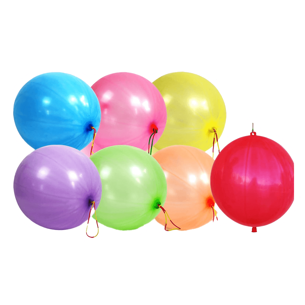 The Vegas Party Favors Punch Balloons feature seven vibrant neon colors—blue, pink, yellow, purple, green, orange, and red. These thickened and durable balloons are round, shiny party favors safe for kids. Each balloon has a tethered string for joyful elegance.