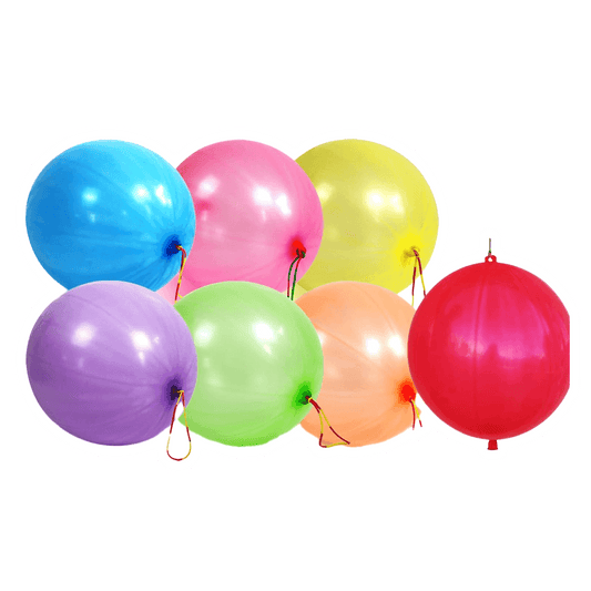 The Vegas Party Favors Punch Balloons feature seven vibrant neon colors—blue, pink, yellow, purple, green, orange, and red. These thickened and durable balloons are round, shiny party favors safe for kids. Each balloon has a tethered string for joyful elegance.