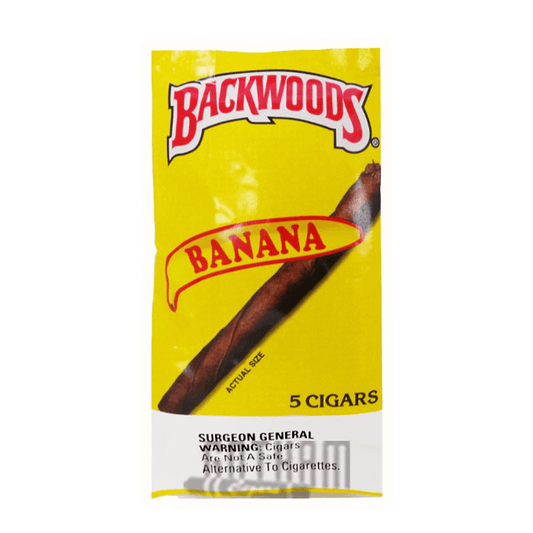 Backwoods Banana Cigars 5-pack featuring a yellow packaging and rustic design, perfect for sweet, fruity flavor lovers.