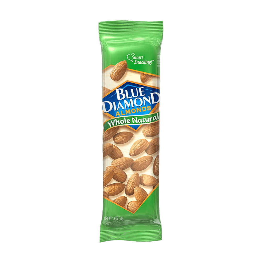 The Vegas Party Favors Blue Diamond Almonds, Whole Natural Flavored Snack Nuts in a single-serve bag have green packaging with a see-through section, making them perfect for snacking.