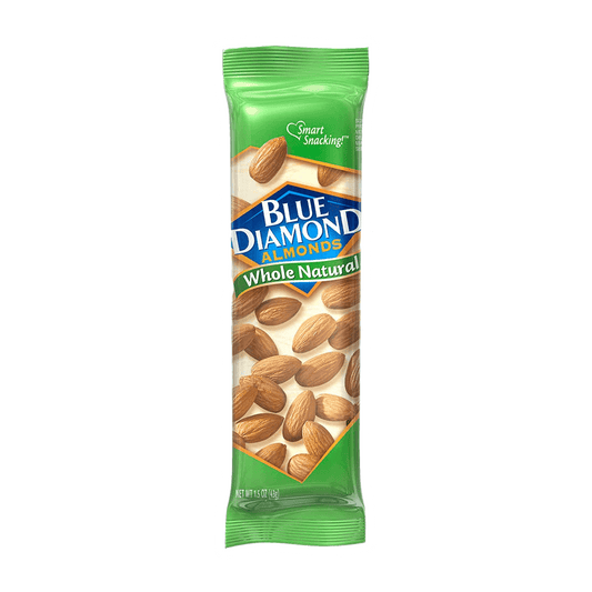 The Vegas Party Favors Blue Diamond Almonds, Whole Natural Flavored Snack Nuts in a single-serve bag have green packaging with a see-through section, making them perfect for snacking.