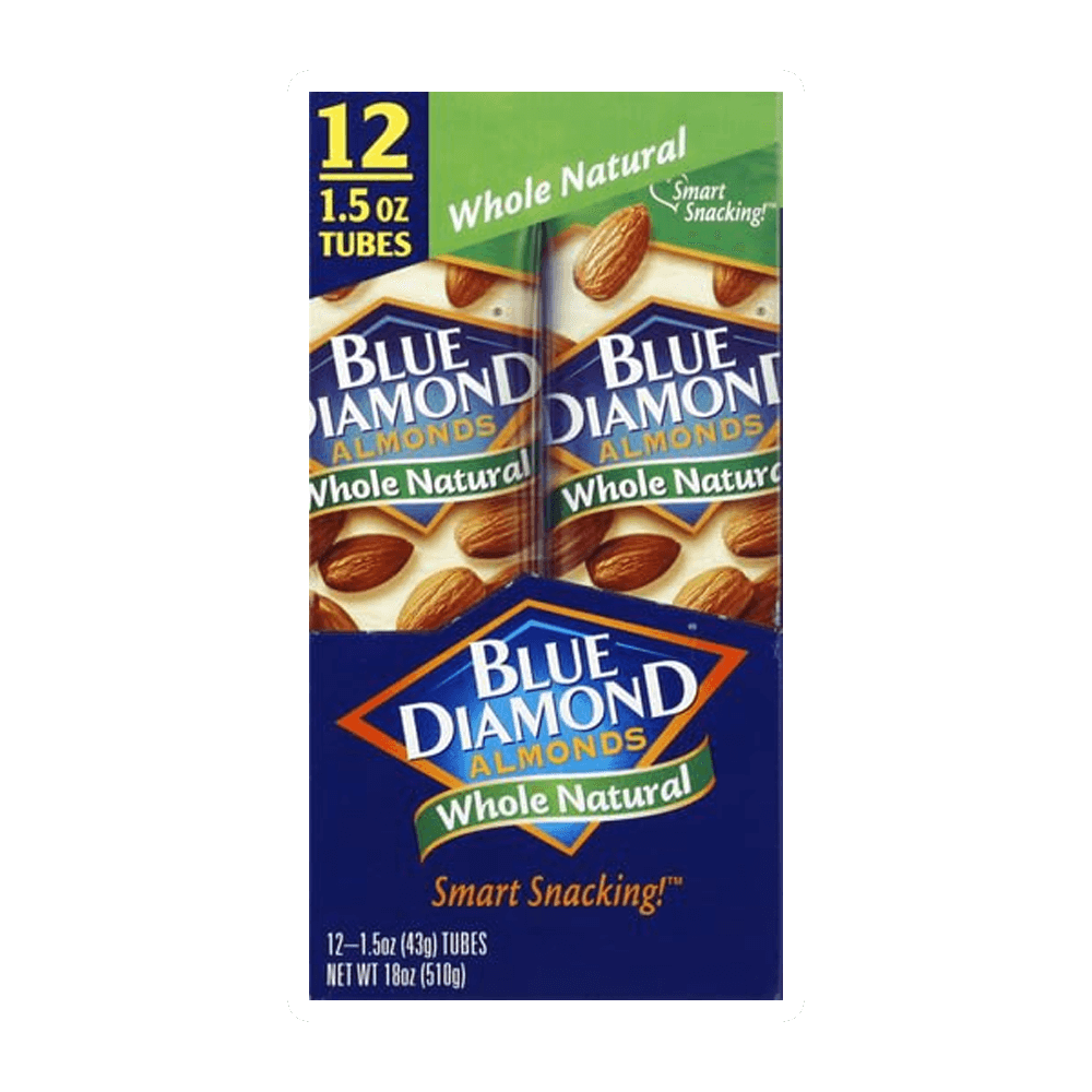 This image shows a box of Blue Diamond Almonds, Whole Natural, 1.5 oz, 12-count by Vegas Party Favors. The packaging features vibrant almonds with the phrases Smart Snacking! and Whole Natural for a wholesome treat.