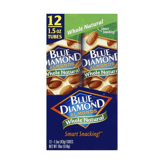 This image shows a box of Blue Diamond Almonds, Whole Natural, 1.5 oz, 12-count by Vegas Party Favors. The packaging features vibrant almonds with the phrases Smart Snacking! and Whole Natural for a wholesome treat.