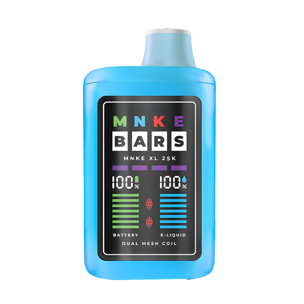 MNKE Bars XL 25K Zero Nicotine disposable vape featuring battery and e-liquid indicators in a sleek blue design.