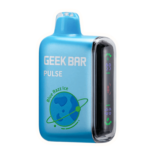 Geek Bar Pulse Blue Razz Ice vape device with refreshing blue raspberry and menthol flavor.