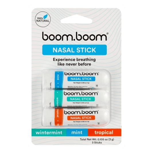 The BoomBoom Nasal Stick 3 Pack by Vegas Party Favors offers a fresh, cooling sensation with mint, wintermint, and tropical scents. These 100% natural aromatherapy inhalers enhance breathing and boost focus through essential oils and menthol for a refreshing experience.